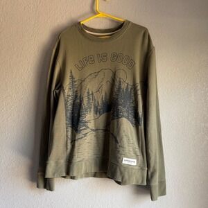 Life is Good Mens Olive Green Mountain Forest Graphic Crewneck Sweatshirt Size M